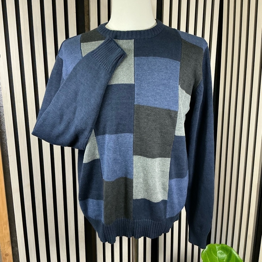 Men’s Oscar de la Renta Navy and Gray Patchwork Sweater Sz Lg